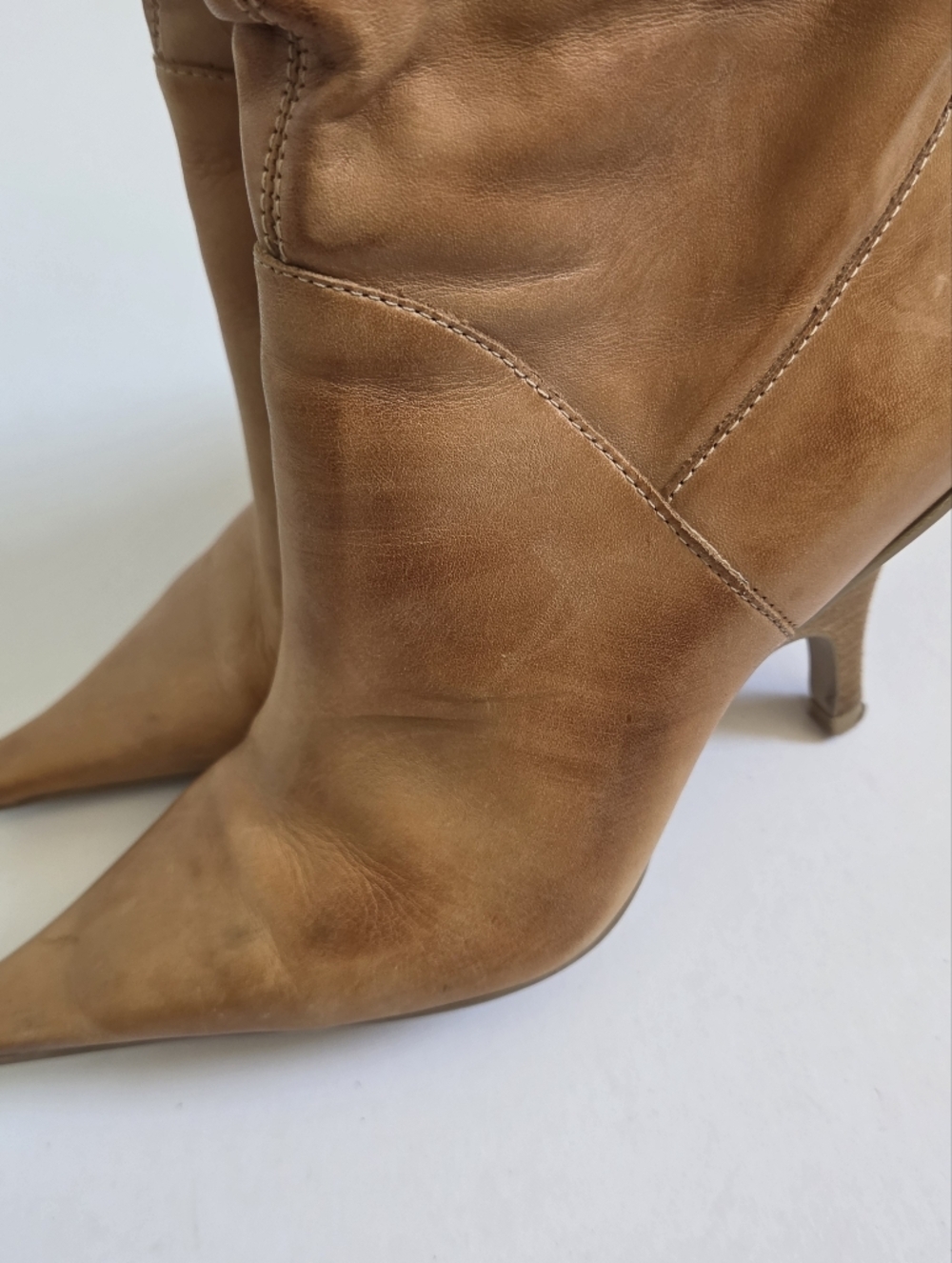 Tan Genuine leather knee high pointed toe boot stiletto heel made in Brazil sz 7 - Picture 5 of 12